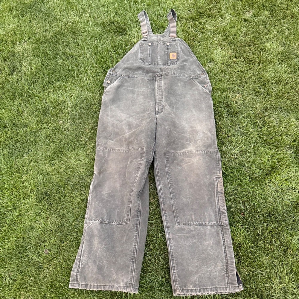 A+ Carhartt R27 MOS Men 46x32 Moss Quilt Lined Sandstone Bib Overalls Workwear